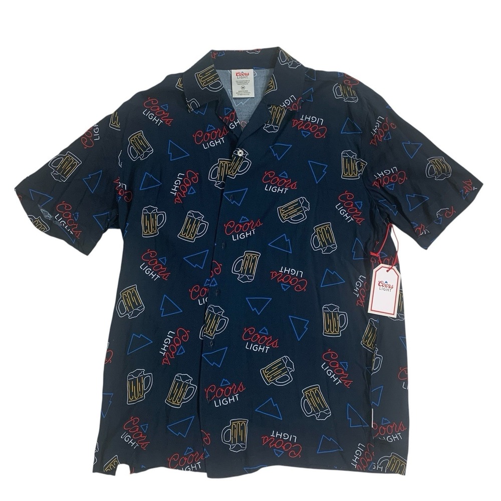 Coors Light Neon Sign Navy Button Short Sleeve Hawaiian Shirt Men's Size Medium